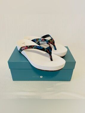 White Wedge Flip-Flop Sandals with Multicolor Floral Straps - Brand: